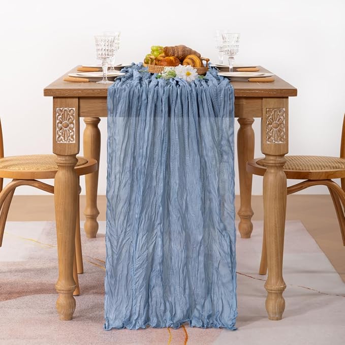 MLMC Dusty Blue Table Runner 10ft Boho Gauze Blue Cheesecloth Table Runner Rustic Cheese Cloth Centerpiece 35x120 Inches for Wedding Bridal Shower Baby Shower Party Decor
