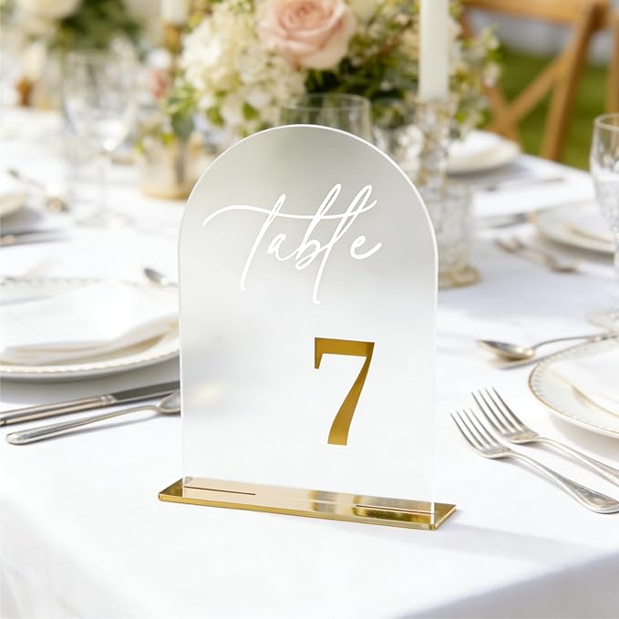 Frosted Wedding Table Numbers 1-10 with Stands, Elegant Gold Number Arch Acrylic Signs with Holder, 5.5" x 7" Gold 3D Table Numbers for Wedding Reception, Party, Anniversary, Events