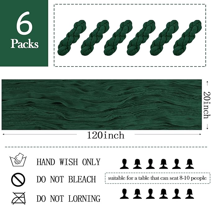 6 Pack Emerald Green Cheesecloth Table Runner 20 x 120 inch Gauze Table Runners 10 FT Long,Semi Sheer Boho Cheese Cloth Fabric Table Runner Bulk for Wedding,Party,Baby Shower,Bridal Shower Decoration