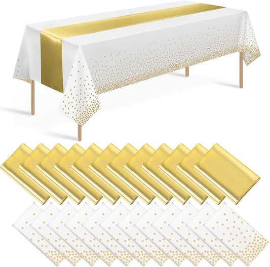 24 Pack White and Gold Tablecloth and Table Runner Set Party Decorations, White and Yellow Gold Plastic Disposable Tablecloth and Satin Table Runner for Wedding Birthday Graduation Anniversary Party