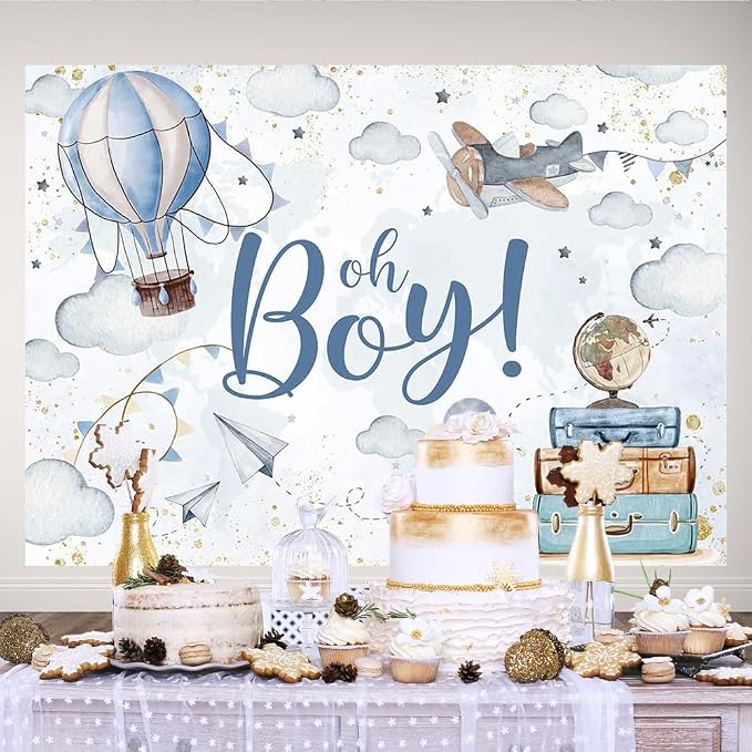 Lofaris 7x5ft Oh Boy Baby Shower Backdrop for Kids Boy Party Decoration Cloud Hot Balloon Adventure Begins Travel Around The World Airplane Up Up and Away Photography Background Banner Photo Booth