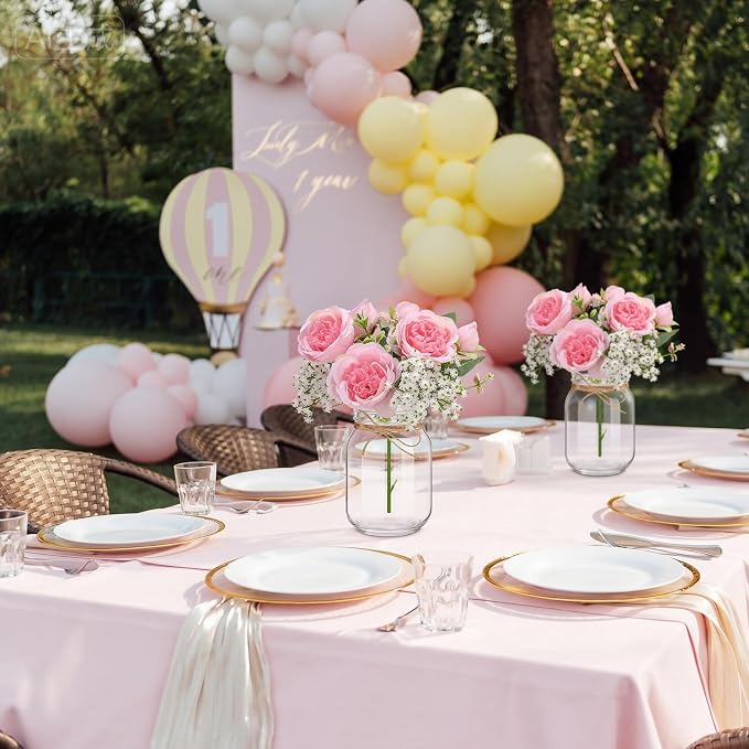 XunYee 10 Set Mason Jar Table Centerpiece with Flower Mason Jar Flower Centerpiece Vases Decor for Engagement Party Bridal Shower Wedding Reception Table Decor(Dark Pink,Peony, Gypsophila)