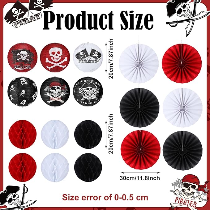 Baquler 18 Pcs Pirate Theme Party Decoration Pirate Skull Hanging Paper Lantern Fans Black Red Honeycomb Ball for Nautical Birthday Party Ornament Ceiling Decor Supplies