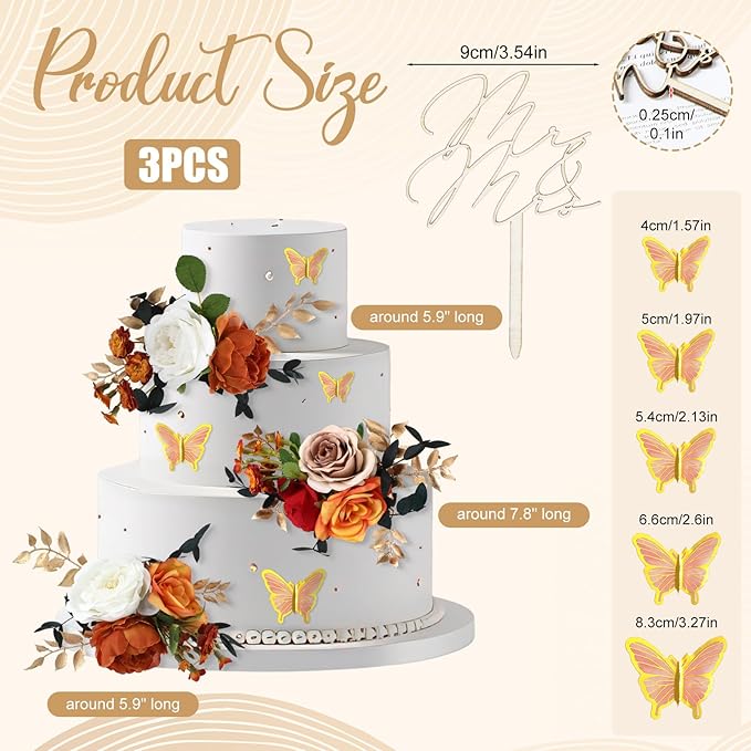 Leinuosen 14 Pcs Wedding Cake Flowers Set Include 3 Burnt Orange Flowers for Cake Decorating 1 Wood Mr & Mrs Toppers 10 Butterfly Decoration Cakes Topper for Wedding Anniversary Birthday Party Decor