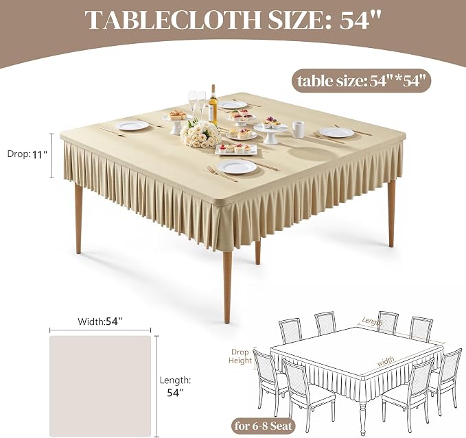 Wish Care Natural Spandex Tablecloths for 54x54 Inch Square Tables, Stretch Fitted Table Clothes with Pleated Ruffle Skirt for 54” Table, Wrinkle Free and Elastic, for Party Kitchen Home Dining