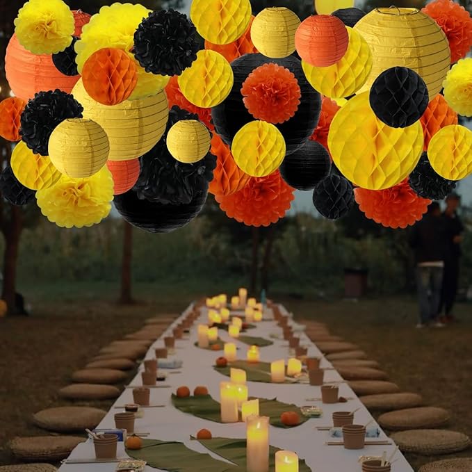 WOLHOWLTD ConstructionTheme Paper Decoration Set - 33 Pcs Paper Lanterns, Pompoms, Honeycomb for Construction Theme, Baby Shower, Rainbow Birthday Party Home Decoration(Yellow Black Orange)