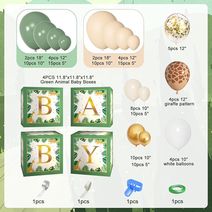 Baby Boxes Safari Jungle Baby Shower Decorations for Boy Girl, Safari Balloons Garland Arch Kit with 4Pcs Sage Green Animal Baby Boxes Nude Giraffe Print Balloons for Wild One Birthday Party Supplies