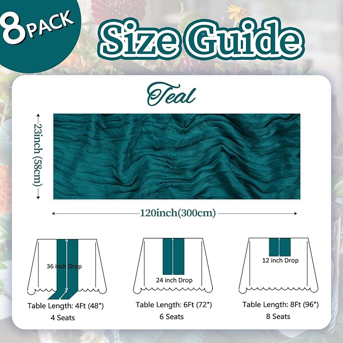 8 Pack Teal Cheesecloth Table Runner Easter 10ft Boho Gauze Fabric 120 Inch Cheese Cloth Table Runner Rustic Sheer for Spring Romantic Baby Shower Party Birthday Home Holiday