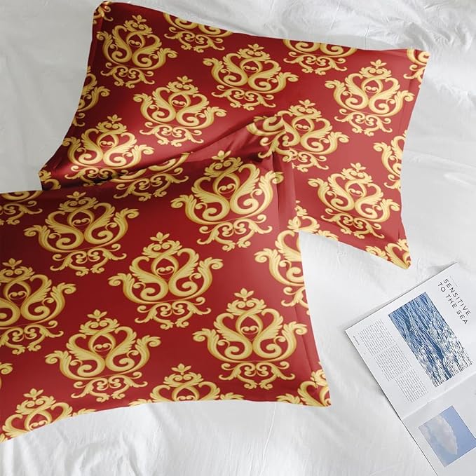 Pamnest Comforter Set Full Size, Vintage Floral Gold 7 Pcs Bedding for Kids and Adults, Medieval Burgundy Red Bed Sheet Sets with Fitted Sheet 2 Pillowcase & 2 Sham for Bedroom Bed Decor