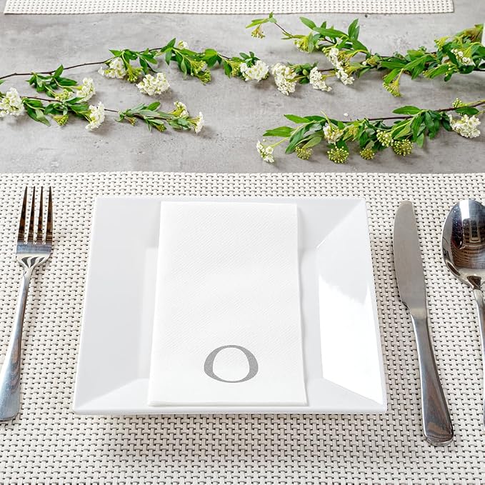 Luxenap 15.8 X 7.9 Inch Linen-Feel Guest Towels, 50 Lettered Hand Towels - Silver Letter 'O', Sans Serif Font, White Paper Dinner Napkins, airlaid, For Restrooms And Tables - Restaurantware