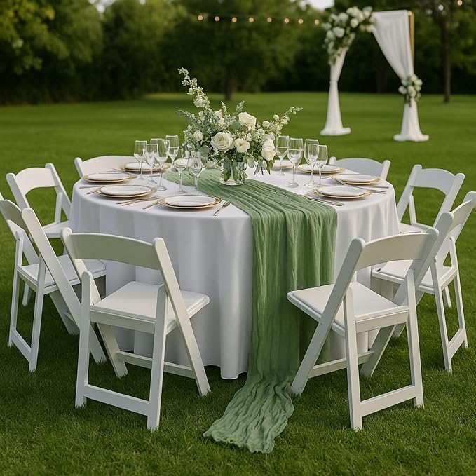 10FT Sage Green Cheesecloth Table Runner – 120 Inch Gauze Table Decor for Rustic Wedding, Garden Baby Shower, Farmhouse Bridal Brunch or Boho Home Styling