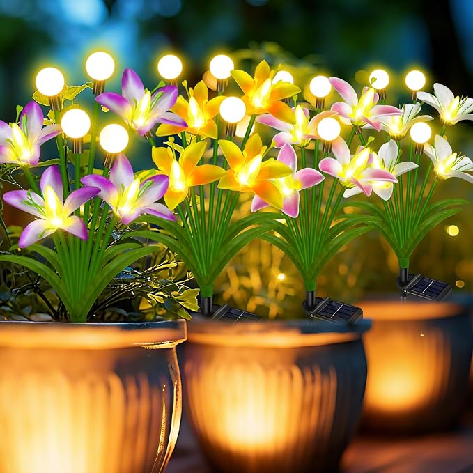 EDOF Solar Lights Outdoor Waterproof Garden Decor,4 Packs Lily Flowers Firefly Lights,Birthday Gifts for Women Mom,Solar Flowers Decorative Stakes Lights for Outside Yard Lawn Patio Porch Decorations