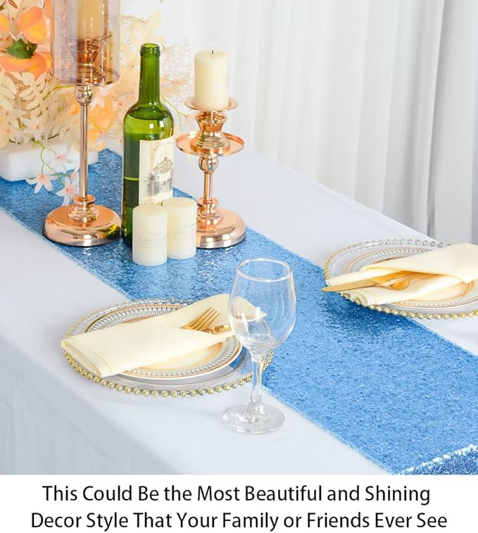 ShinyBeauty Table Runners Baby Blue 12"x108" 15 Pack Sequin Table Runner Glitter Sequence Fabric Cloth Runners Birthday Event Supplies Light Blue Runners for Table Tea Party Wedding Decor