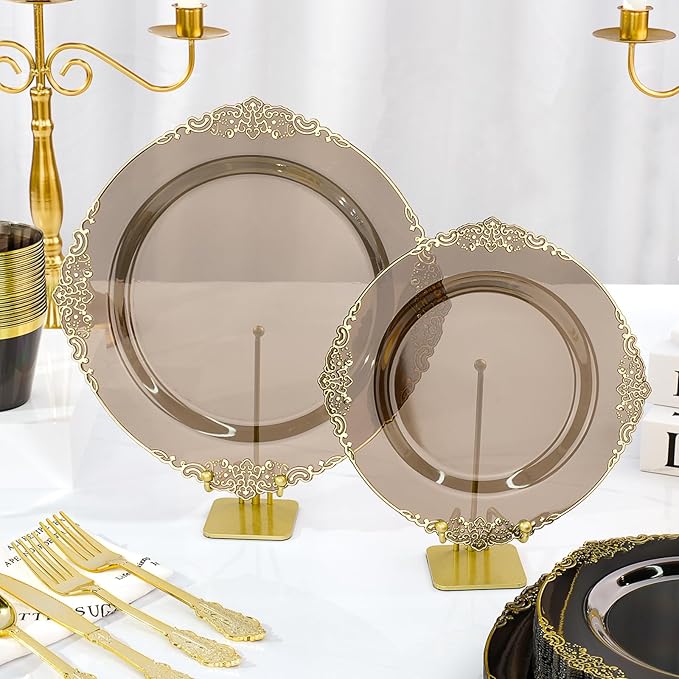 Bestluck 350 PCS Black and Gold Plastic Plates, Disposable Dinnerware Set for 50 Guests, 100 Disposable Plates, 150 Silverwares, 50 Cups, 50 Napkins for Wedding, Party, Graduation