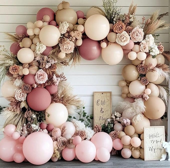 Dusty Pink Balloon Arch, Double Stuffed Blush Nude Brown Balloon Garland Kit Boho Pink Beige Rose Gold Balloons for Mom Neutral Birthday Baby Shower Wedding Bridal Shower Baby in Bloom Party Decor
