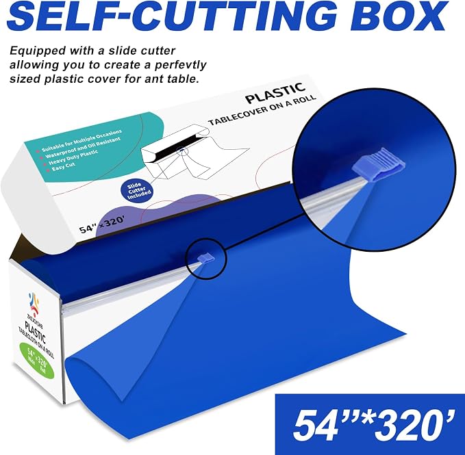 54IN X 320FT Plastic Table Cover Roll with Cutter Box, Cut to Size Plastic Table Cloths for Parties, Birthday, Disposable Tablecloth Roll for All Shape Tables (Blue, 54 Inch X 320 Feet)