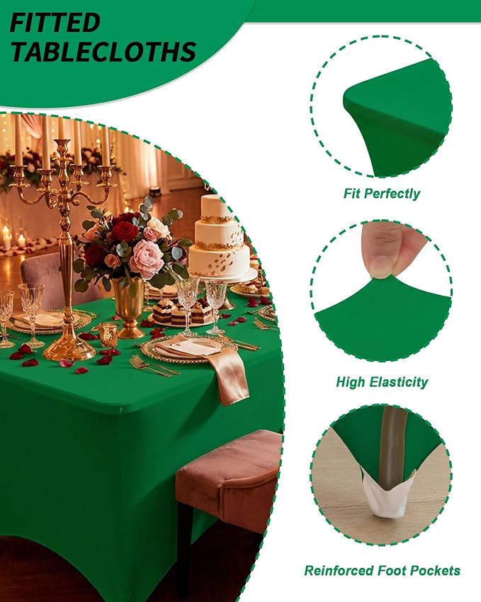 Fixwal 6 Pack 6Ft Green Table Cover, Spandex Fitted Tablecloths Rectangle, Wrinkle-Free and Stretch Folding Table Cloth for Banquet, Wedding, Party, Trade Show