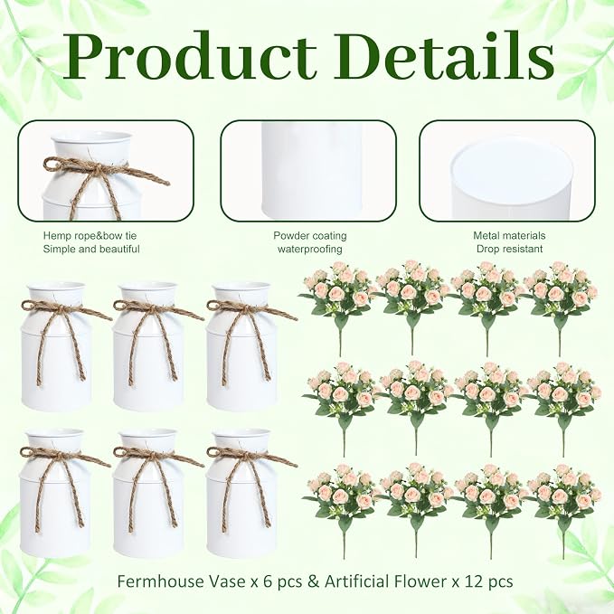 Farmhouse Artificial Rose Flowers with Metal Vase, Set of 6 Fake Rose Arrangements for Table, Faux Bouquets Wedding Centerpiece Decorations, Home Office Flower Decor (White Vase & Champaign Roses)