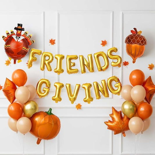 Fall friendsgiving decorations with Orange Sand white Gold Balloon & Turkey Maple Leaf Pumpkin Pine Cones Letter Balloons & Artificial leaves for Autumn Friends party Thanksgiving day Decorations