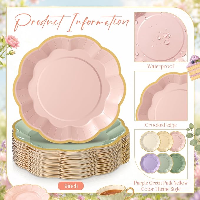72 Pcs Sage Green Purple Pink Paper Plates 9 Inch Fairy Scalloped Paper Disposable Dinner Dessert Plates for Flower Floral Butterfly Birthday Wedding Bridal Party Supplies, 6 Colors
