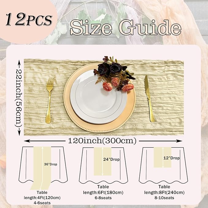 12 Pack Beige Cheesecloth Table Runner 22x120 Inch-Naturally Dyed Colors Sheer Gauze Ivory Cheese Cloth Wedding Table Runner,Rustic Boho Crinkle Fabric, Reception, Bridal Shower,Farmhouse Dining Decor