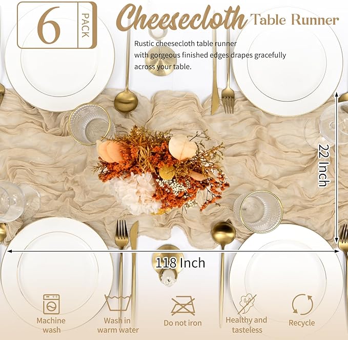 6 Pack Beige Table Runner 10FT Long Cheesecloth Table Runner Cheese Cloth Gauze for Wedding Party Birthday Decoration-Beige