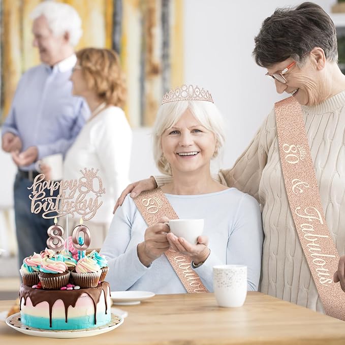 80th Birthday Decorations for Women, Include 80th Birthday Sash and Tiara, Cake Topper and Candles, Number Balloons, Greeting Card, 80 Year Old Gifts for Women