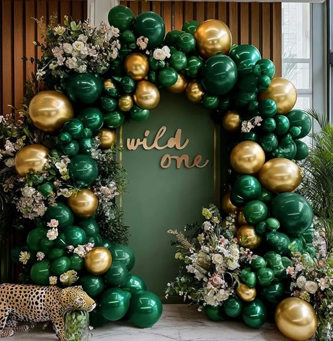 Emerald Green Gold Balloons Garland Double Stuffed Dark Green Gold Balloons Hunter Forest Metallic Arch Kit for Birthday Baby Shower Jungle Graduation Prom Party Decorations