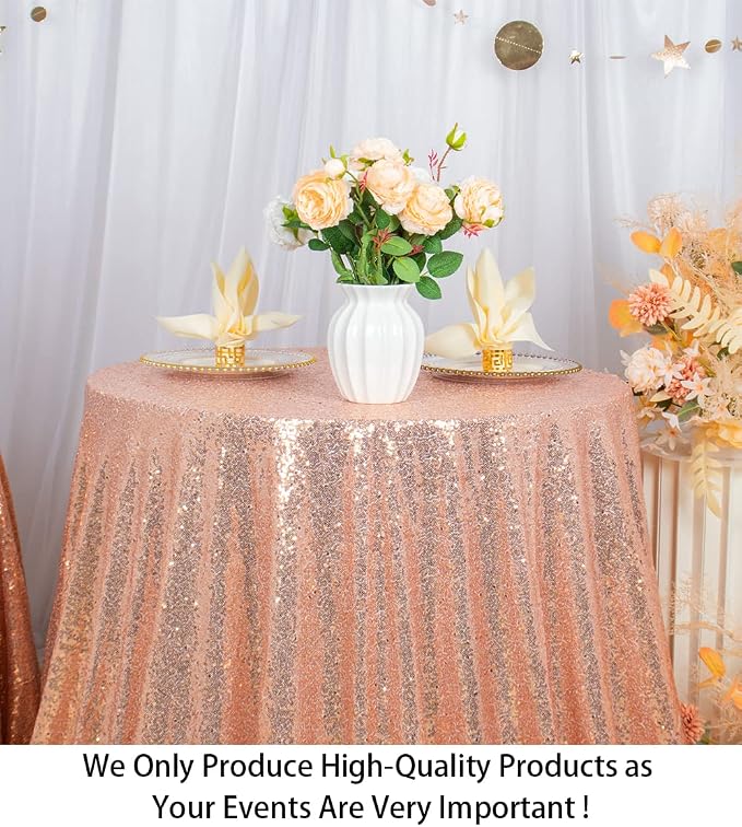ShiDianYi Sequin Tablecloth Round 72-Inch Rose Gold Table Cloths Glitter Sequence Tablecloths Overlay Rose Gold Round Table Cover for Wedding/Birthday Cake Tables Decor