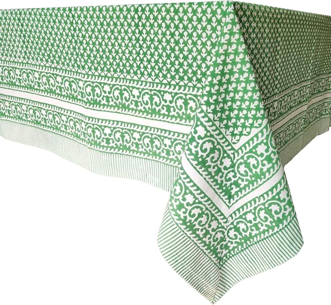 ATOSII Queen Green 100% Cotton Rectangle Tablecloth, Handblock Print Floral Table Cloth for Kitchen Dining Linen I Weddings Outdoors Picnics Spring Summer I 72 X 140 Inches I 12 Seater