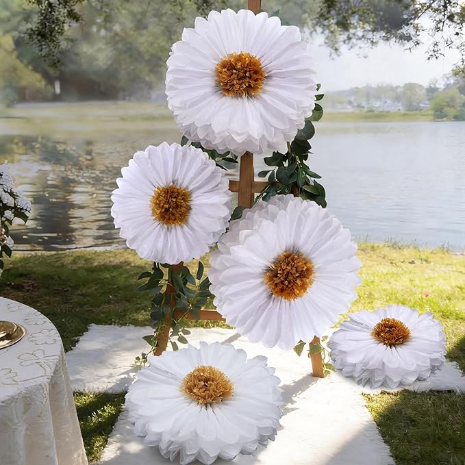 Chunful 5 Pcs 30'' 24'' Gaint White Tissue Paper Flowers Decoration Wonderland Large Hanging White Tissue Paper Pom Poms Decor for Wonderland Birthday Bachelorette Wedding Baby Shower Party Decor