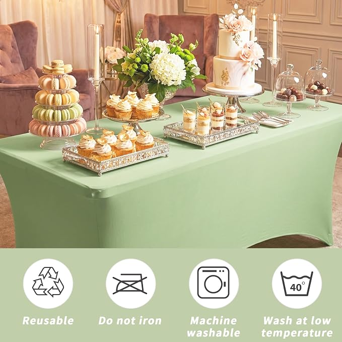 Fixwal 3 Pack Sage Green Tablecloth Rectangle 6Ft, Stretch Spandex Fitted Table Cover for Party, Trade Show, Wedding, Buffet, Graduation, Vendor Stand
