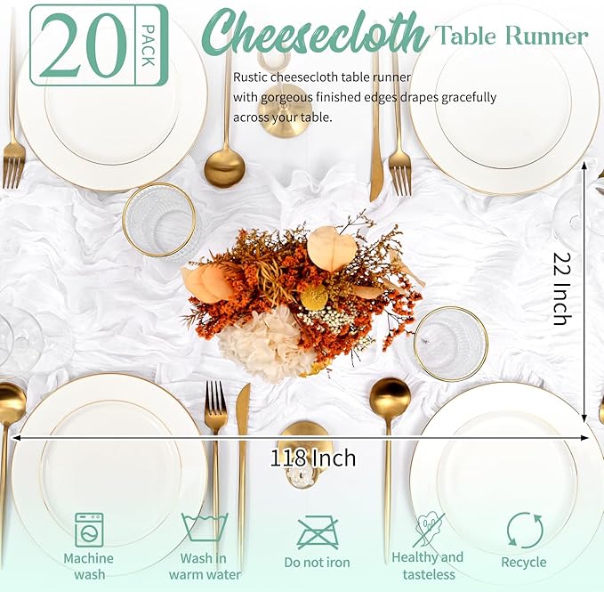 20 Pack White Table Runner 10FT Long Cheesecloth Table Runner Cheese Cloth Gauze for Wedding Party Birthday Decoration-White