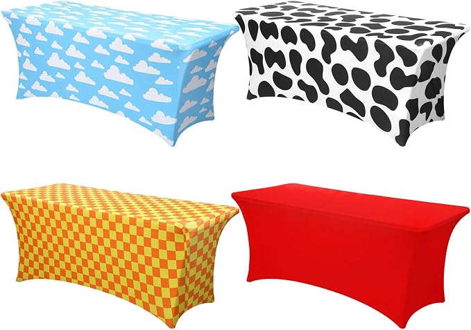 Frienda 4 Pcs Cartoon Story Tablecloth Birthday Party Supplies Spandex Stretch 71 x 30'' Cow Pattern Theme Sky Cloud Tablecloth Rectangle Cartoon Table Cover for Baby Shower Birthday Party Decoration