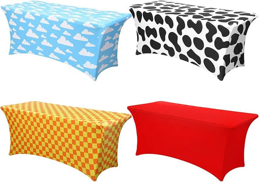 Frienda 4 Pcs Cartoon Story Tablecloth Birthday Party Supplies Spandex Stretch 71 x 30'' Cow Pattern Theme Sky Cloud Tablecloth Rectangle Cartoon Table Cover for Baby Shower Birthday Party Decoration