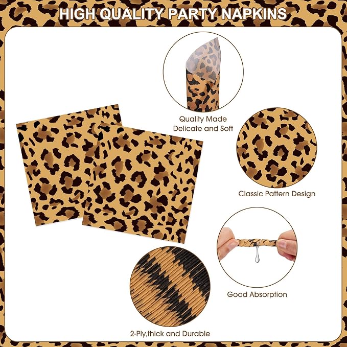 142 Pcs Cheetah Print Birthday Decorations Set - Happy Birthday Banner, Animal Leopard Paper Dinner Plates Napkins Cups, Plastic Tablecloth, Flatware for Cheetah Party Supplies Leopard Birthdays Decor