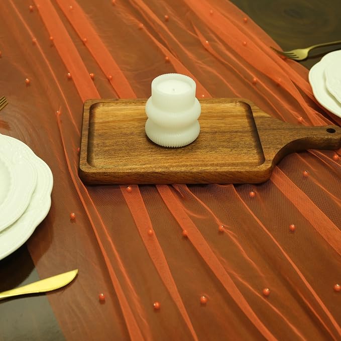 Set of 1 Pearl Table Runner 10ft, 29 * 120 Inch Orange Table Cloth Pearl Sheer Tulle Table Cover,Pearl Table Runner for Wedding Party Baby Shower Birthday Home Decor