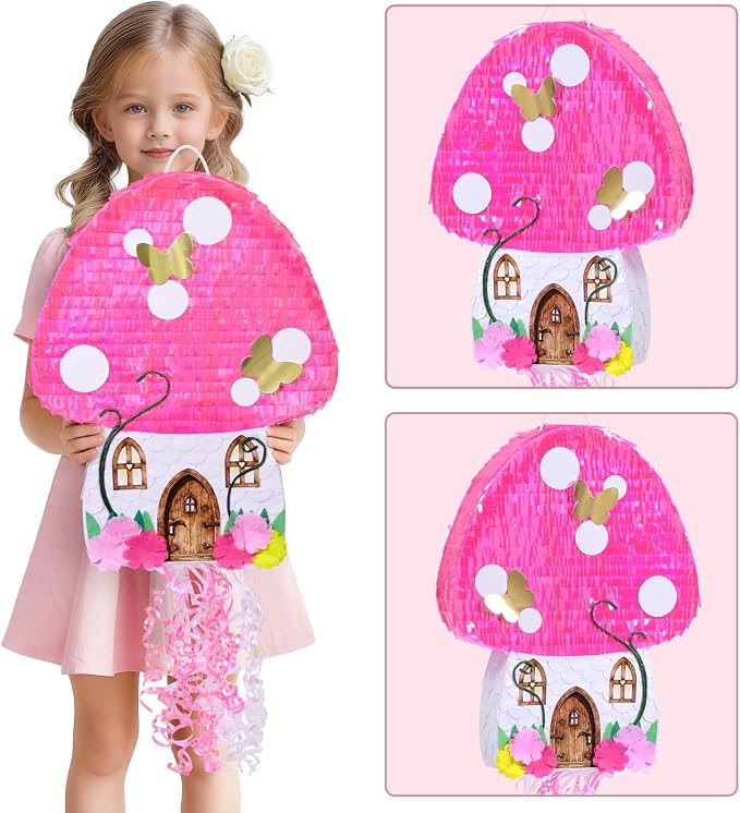 WERNNSAI Mushroom Piñata - Fairy Flower Butterfly Piñata with Stick and Blindfold, for Mushroom Birthday Party Decor, Summer Forest Games, Carnivals Supplies (16.5"x12.4"x3")