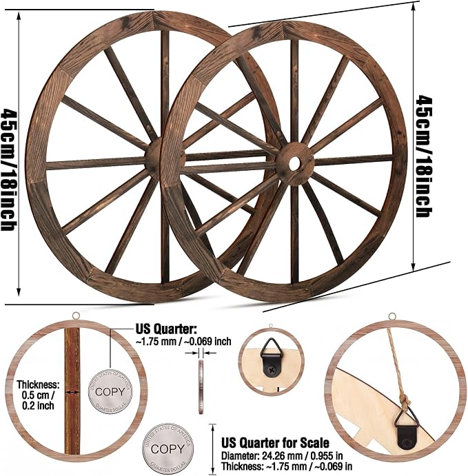 Qunclay 2 Pcs Wagon Wheel Decor Wooden Western Cowboy Party Decorations Vintage Rustic Wagon Wheel Wood Cartwheel Decor for Bar Garage Indoor Outdoor (Brown,12 Inch)