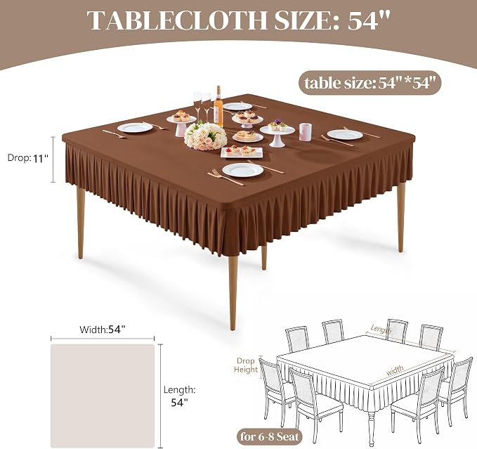 Wish Care Brown Spandex Tablecloths for 54x54 Inch Square Tables, Stretch Fitted Table Clothes with Pleated Ruffle Skirt for 54” Table, Wrinkle Free and Elastic, for Party Kitchen Home Dining