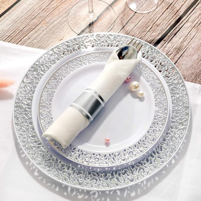 WELLIFE 175Pcs Silver Dinnerware Sets, Include:25 Dinner Plates, 25 Dessert Plates, 25 Paper Napkins, 25 Cups, 75 Silver Silverware Set for Party and Weddings