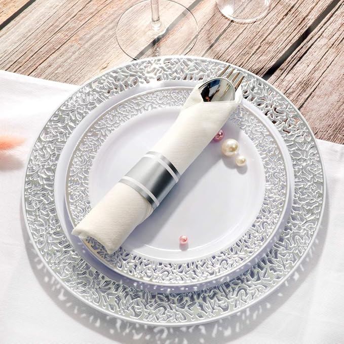 WELLIFE 700 Pieces Silver Disposable Plastic Dinnerware, Includes:100 Dinner Plates, 100 Dessert Plates, 100 Cups, 400 Pre Rolled Napkins with Silver Cutlery