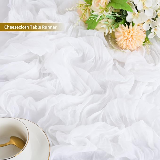 10 Pack White Table Runner 10Ft Cheesecloth Table Runner Boho Gauze Table Runners Romantic Long Sheer Fabric Cheese Cloth Table Runners for Wedding Party Bridal Shower(White)