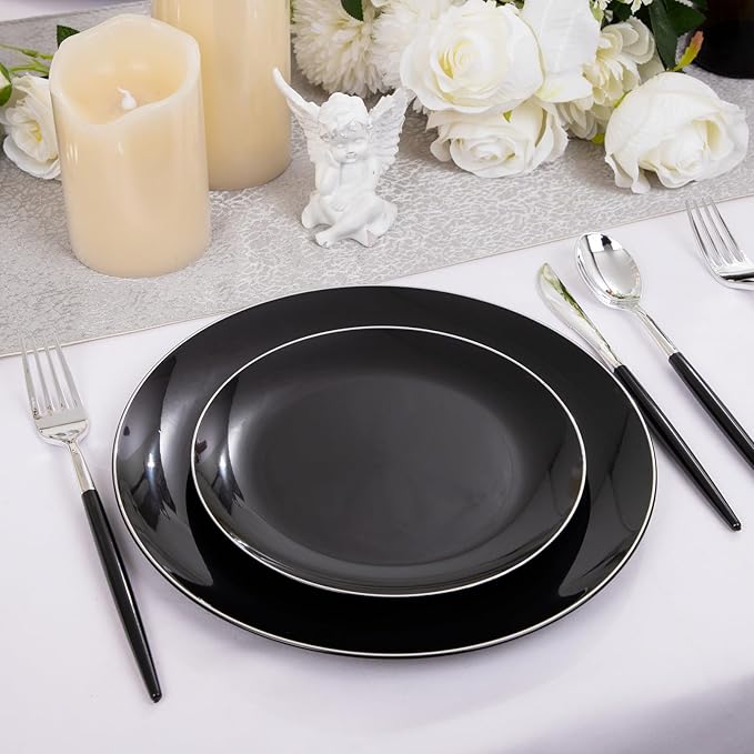 DaYammi 30 Guests Black Plastic Plates with Disposable Silverware,Silver Cutlery with Black Handle,Silver Disposable Dinnerware:60 Dinner/Dessert Plates,90 Plastic Silverware Set for Party Wedding