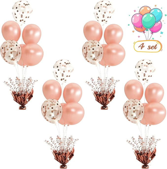 4 Set Rose Gold Table Balloons Foil Spray Centerpiece with Rose Gold and Confetti Balloons Stand Kit for Birthday Party, Baby Shower, Wedding, Bridal Shower, Prom, Cake Table Decorations
