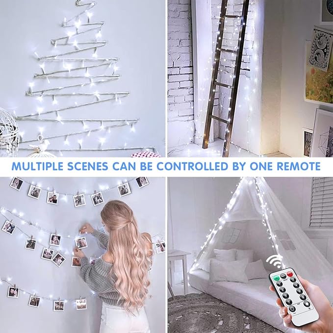 JMEXSUSS 2 Pack White Battery Operated String Lights, Each 33ft 100 LED Wedding Lights Outdoor Indoor, 8 Modes Christmas Lights with Remote Waterproof for Wedding Front Porch Yard House Room Decor