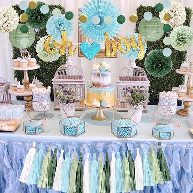 Sage Green and Blue Baby Shower Decorations Oh Boy Banner Sage Green Dusty Blue Tissue Paper Pom Poms Lanterns Paper Tassels Garland for Baby Boys Shower Party Decor