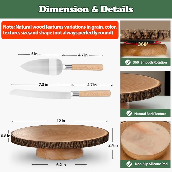Rotating Cake Stand 12" Wood Cake Stand with Cake Cutting Set,Rustic Wooden Cake Stands for Party/Wedding/Baking Gifts/Event/Cake Turntable for Decorating