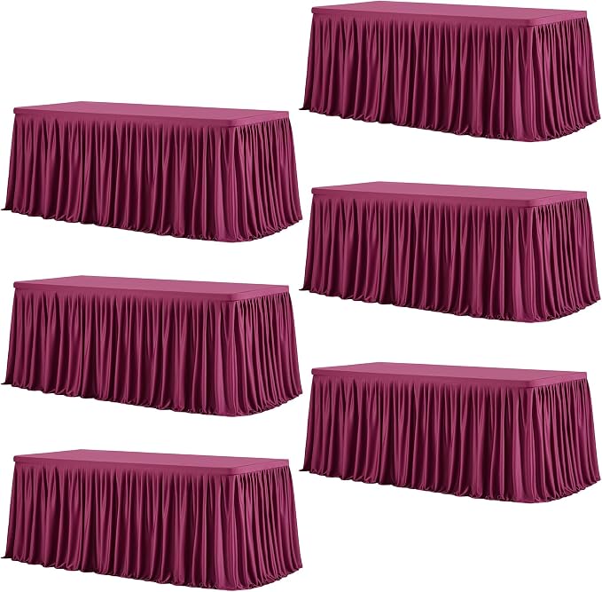 Wish Care 6 Pack Wine Red Rectangle Table Clothes for 8 Foot Tables, Polyester Fitted Tablecloths 8ft Stretch Table Cover for Wedding, Birthday, Parties, Trade Show, Craft Show