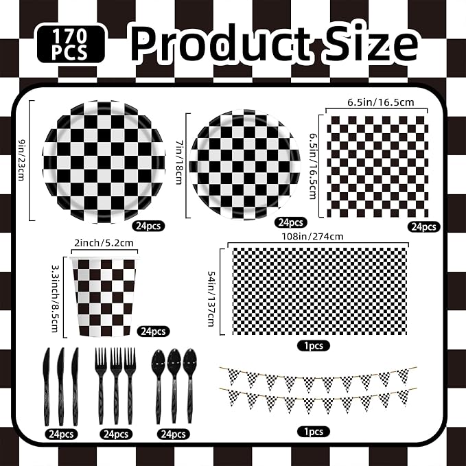 170 Pcs Race Car Party Plates and Napkins Sets, Black and White Checkered Birthday Decorations Tableware, Racing Sports Themed Dinnerware for Kids Boys Birthday Baby Shower Home Decor, Serves 24